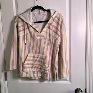 Roxy‎ Striped Hooded Pullover Poncho Beach Cover Up White Pink Yellow S P CH